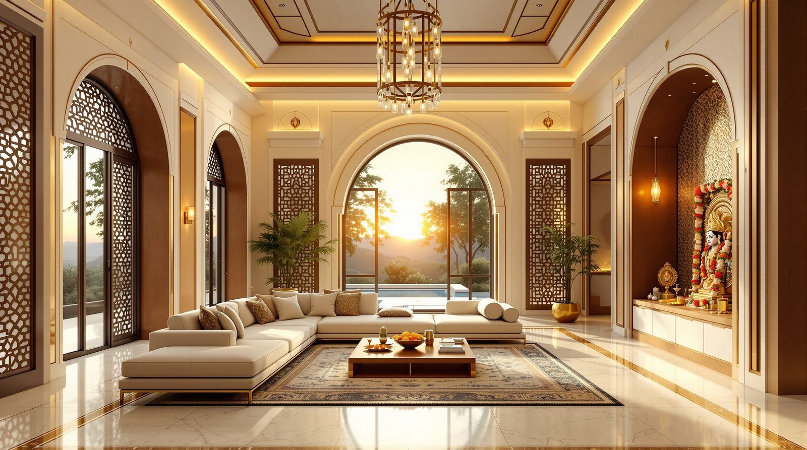 Luxurious villa interior with traditional Indian touches