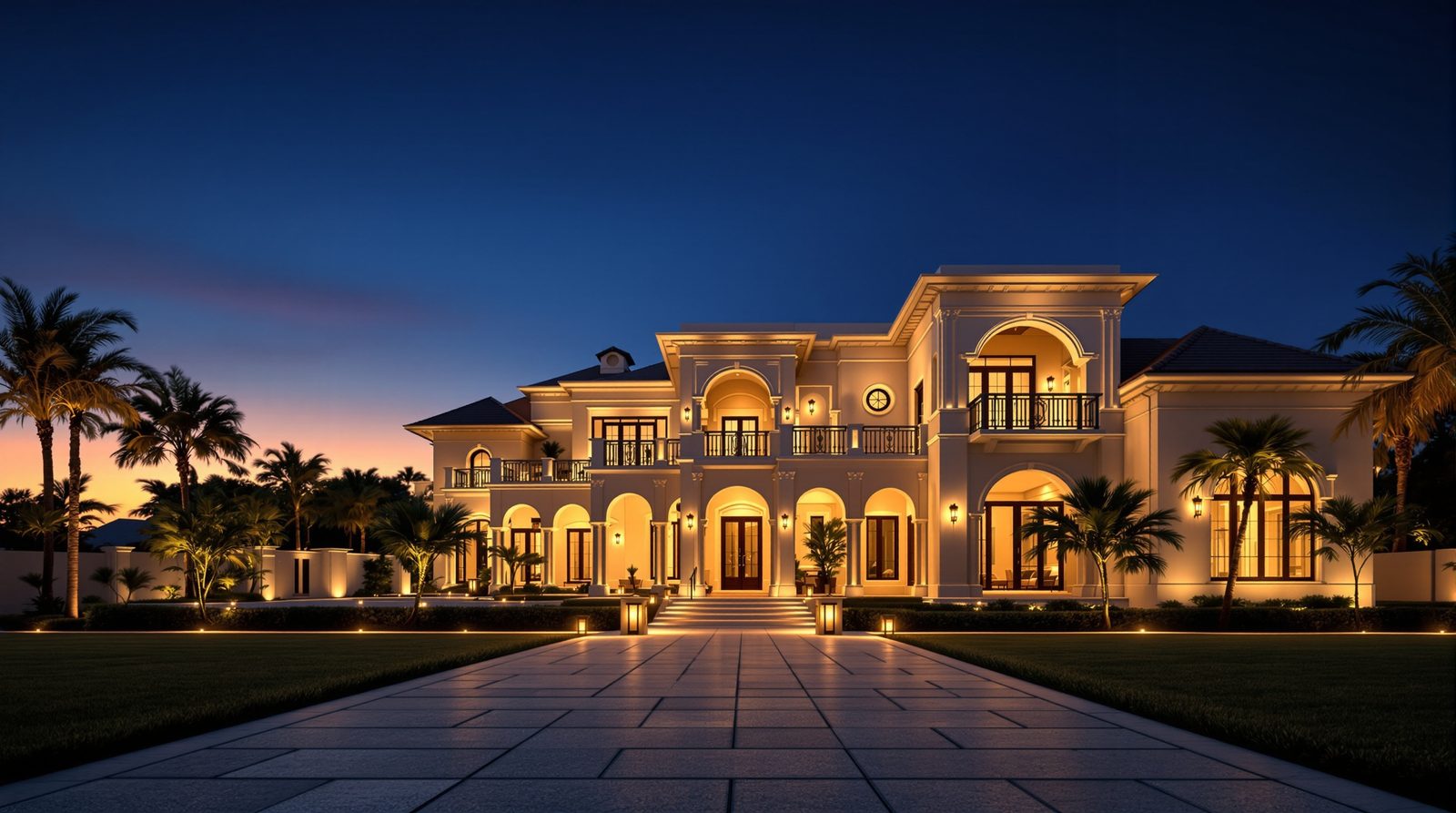 Premium villa exterior illuminated at twilight